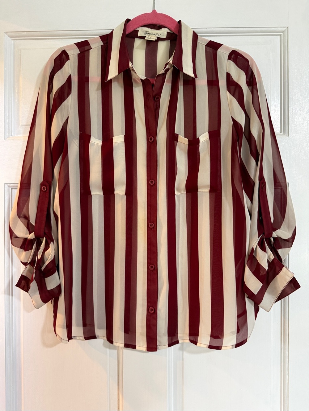 Forever 21 Burgundy and Cream Striped Blouse